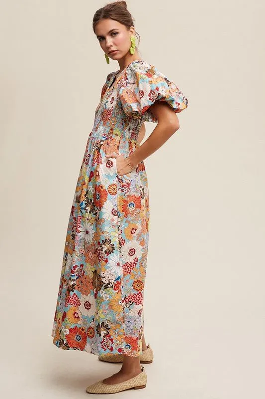 Flower Print Puff Sleeve Maxi Dress