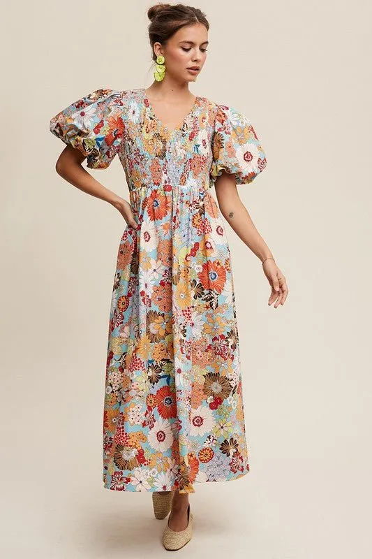 Flower Print Puff Sleeve Maxi Dress