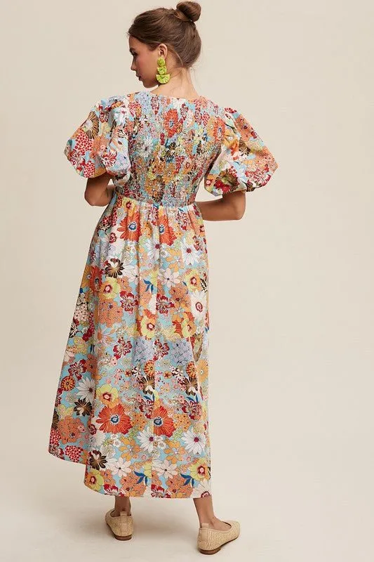 Flower Print Puff Sleeve Maxi Dress