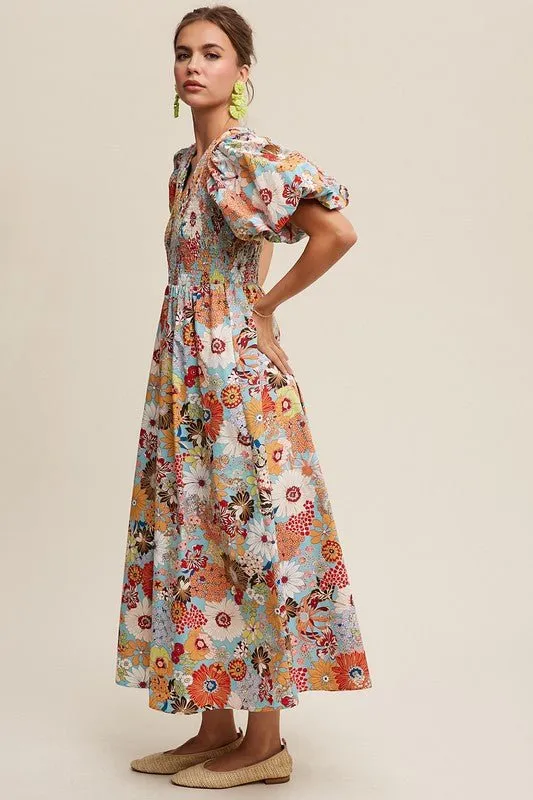 Flower Print Puff Sleeve Maxi Dress