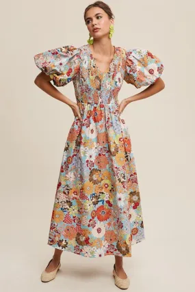 Flower Print Puff Sleeve Maxi Dress