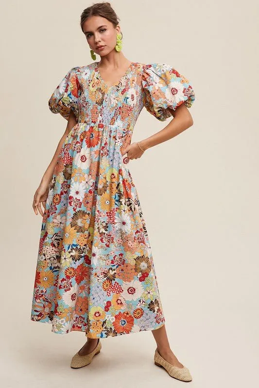Flower Print Puff Sleeve Maxi Dress