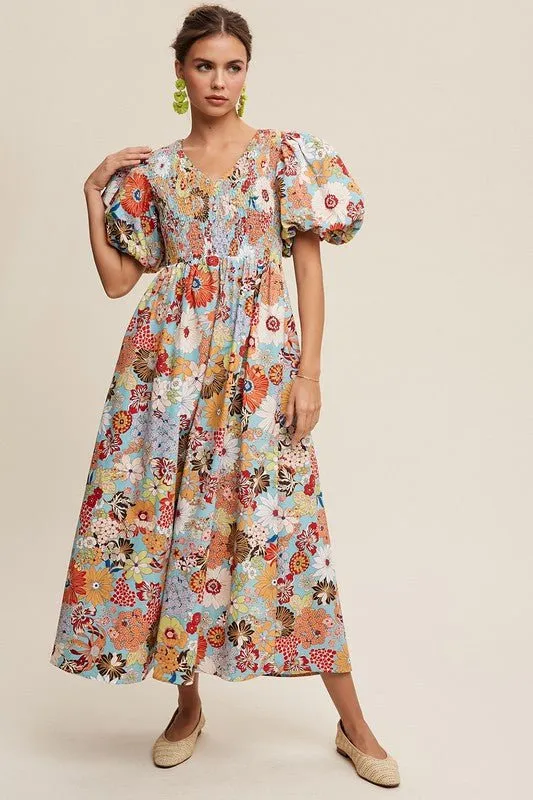 Flower Print Puff Sleeve Maxi Dress