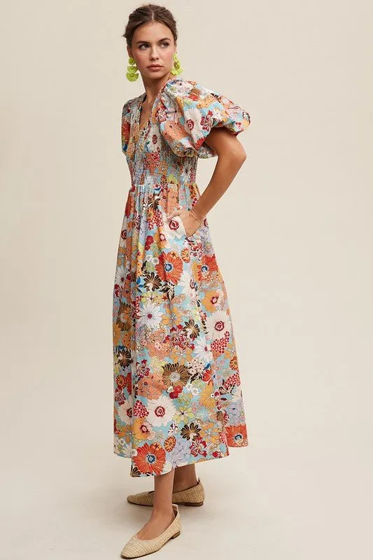 Flower Print Puff Sleeve Maxi Dress