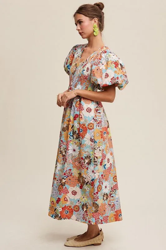 Flower Print Puff Sleeve Maxi Dress
