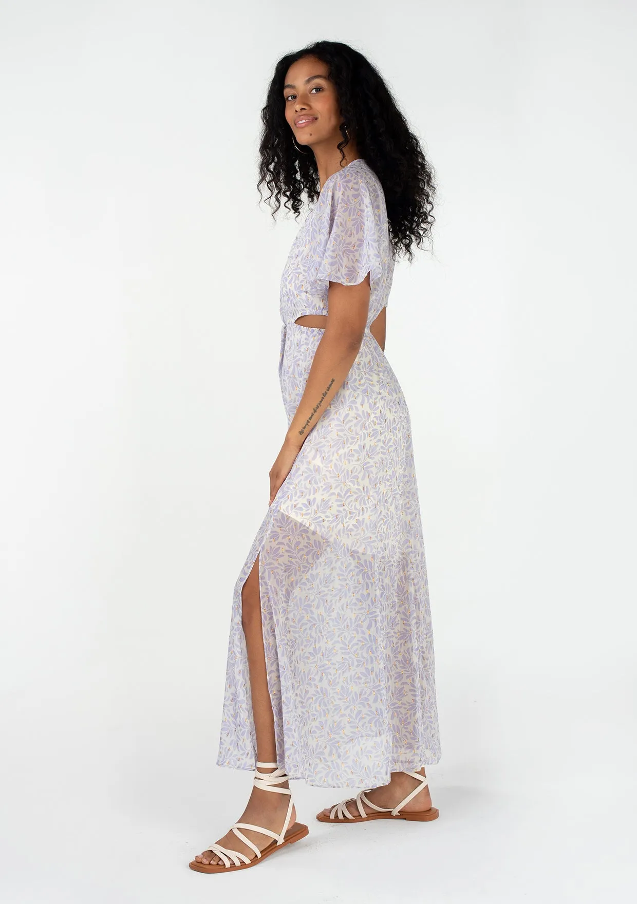Flutter Sleeve V Neck Cut Out Lurex Maxi Dress