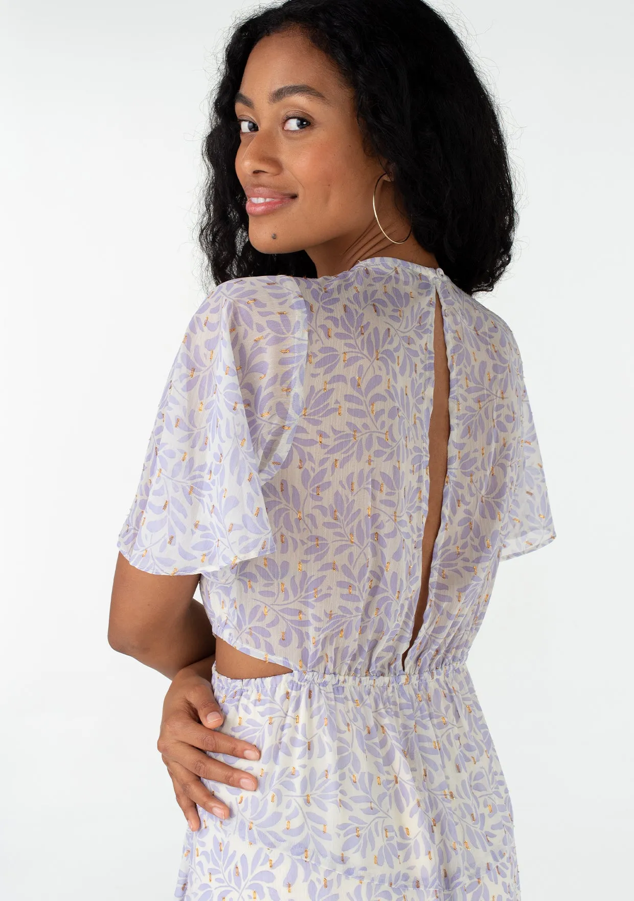 Flutter Sleeve V Neck Cut Out Lurex Maxi Dress