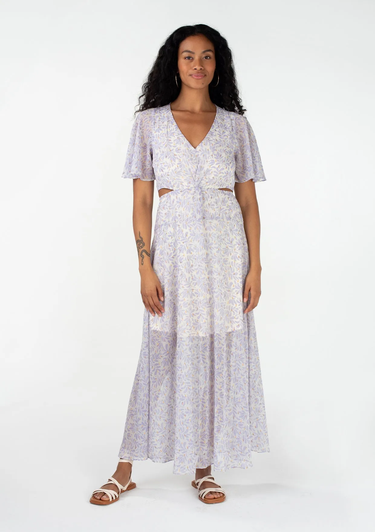 Flutter Sleeve V Neck Cut Out Lurex Maxi Dress