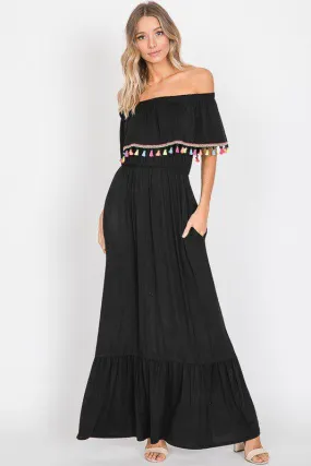 Fringe Trim Off Shoulder Maxi Dress