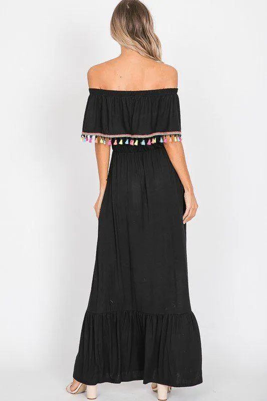 Fringe Trim Off Shoulder Maxi Dress