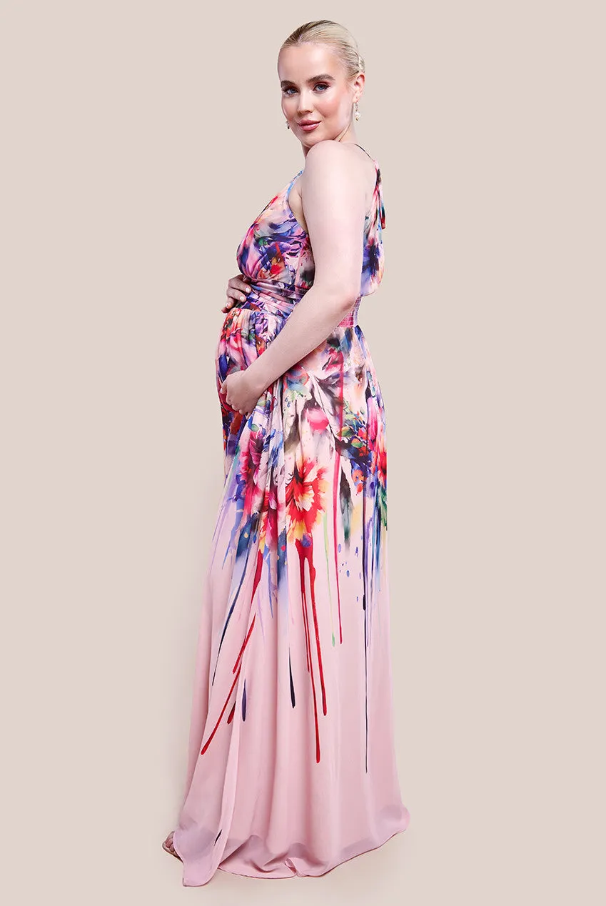 Goddiva Maternity Floral Printed Chiffon Halter Maxi Dress - Blush Floral