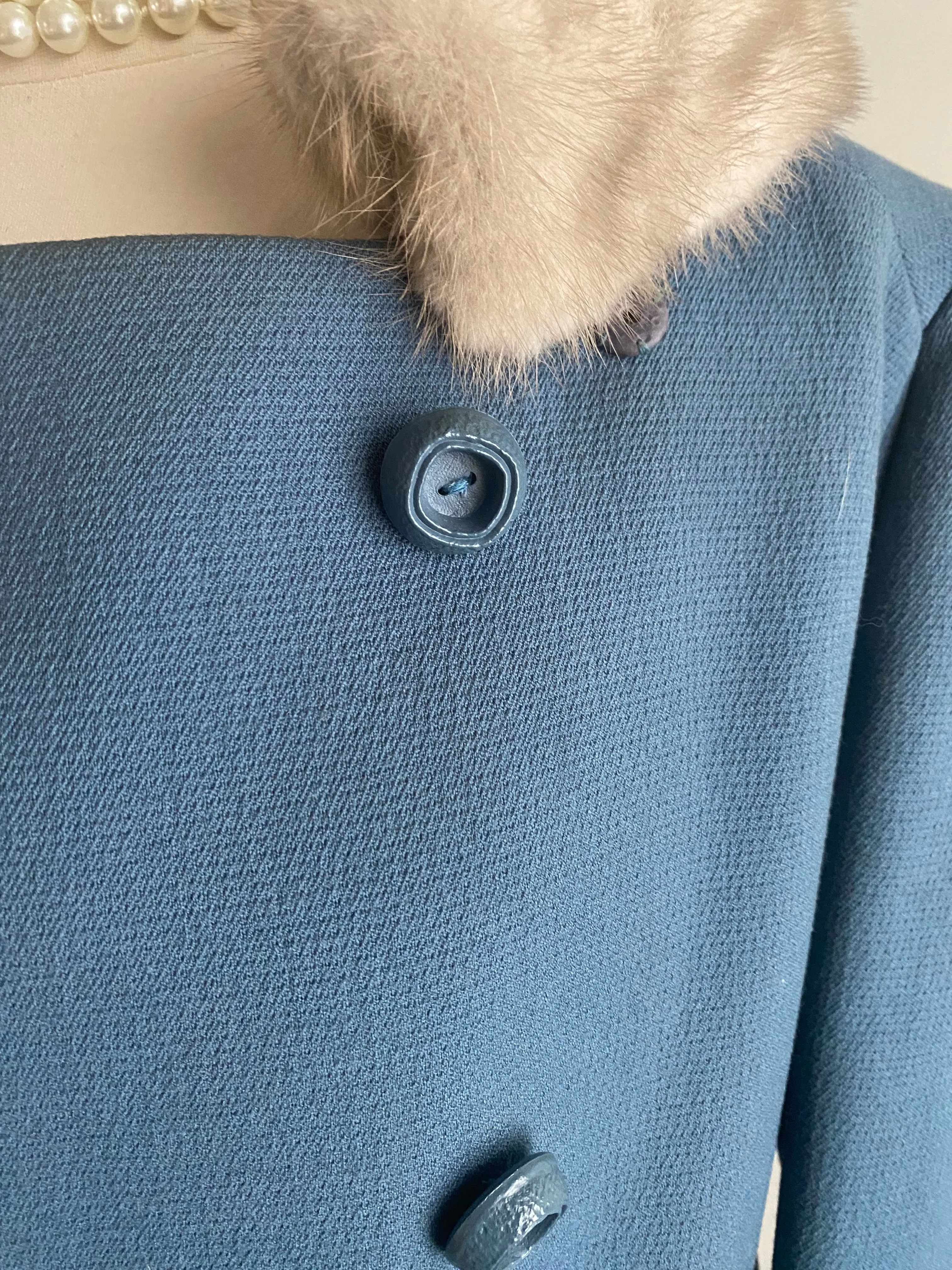 Gorgeous 1960's Wedgewood Blue Wool Coat With Mink Trim / Medium