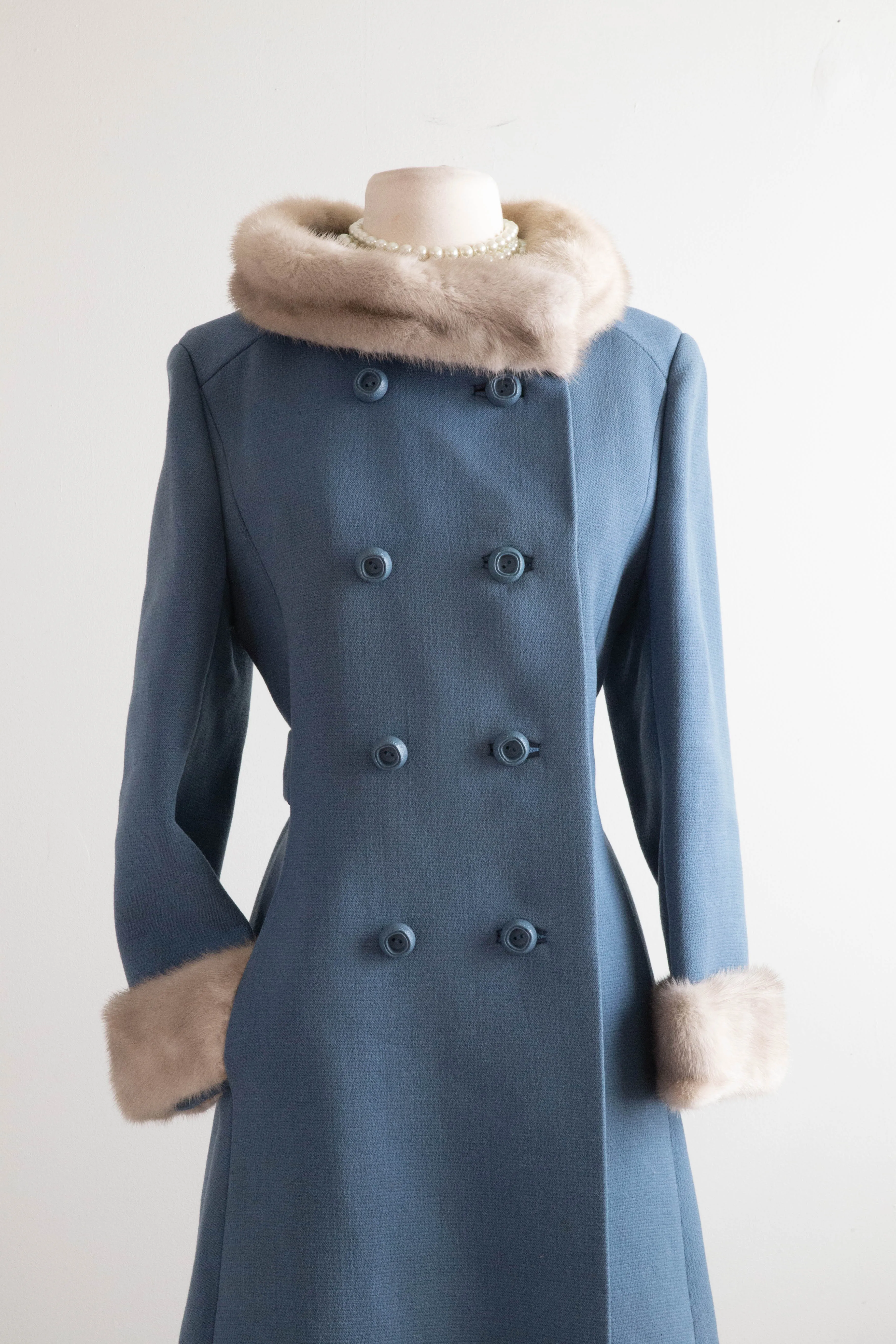 Gorgeous 1960's Wedgewood Blue Wool Coat With Mink Trim / Medium