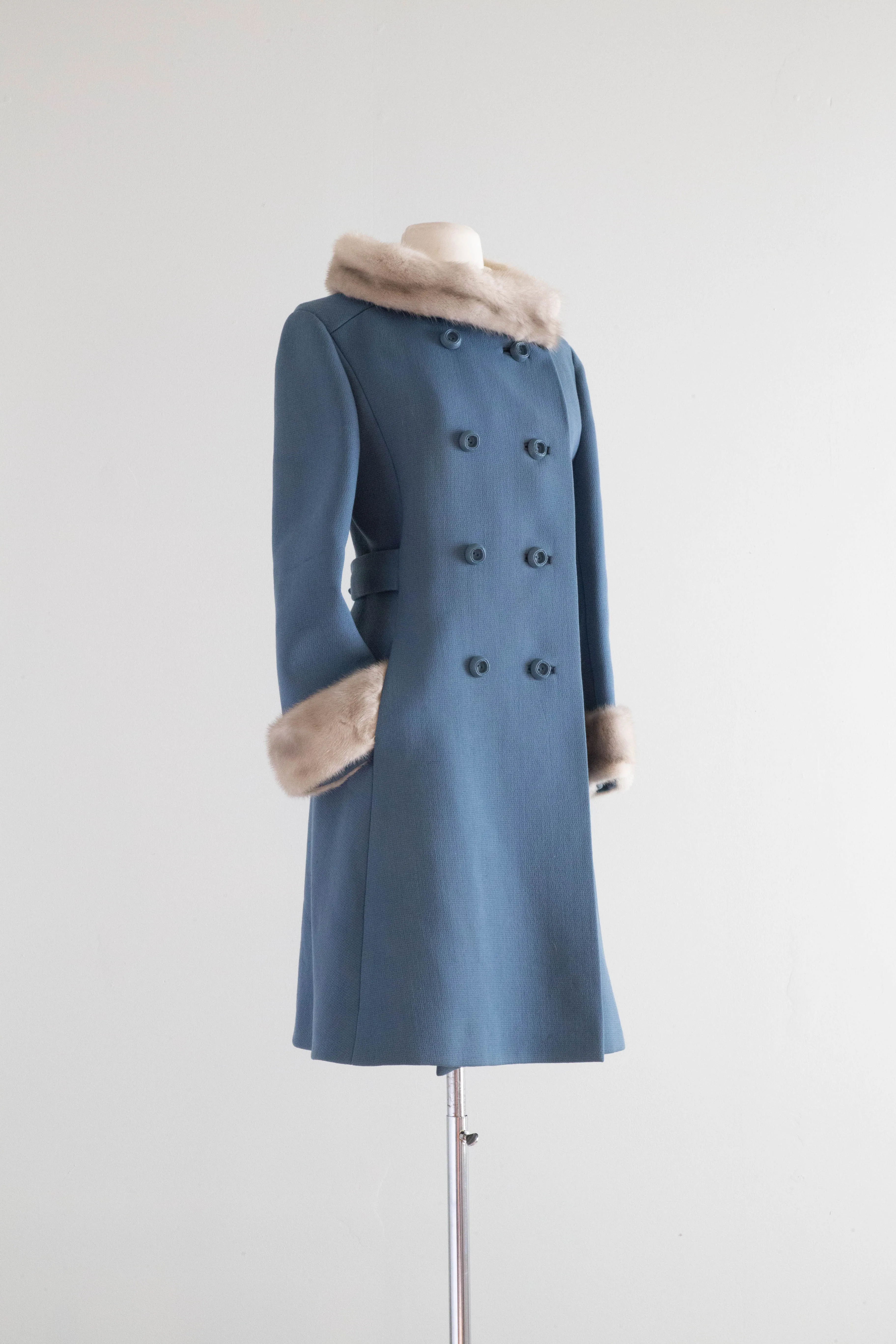 Gorgeous 1960's Wedgewood Blue Wool Coat With Mink Trim / Medium