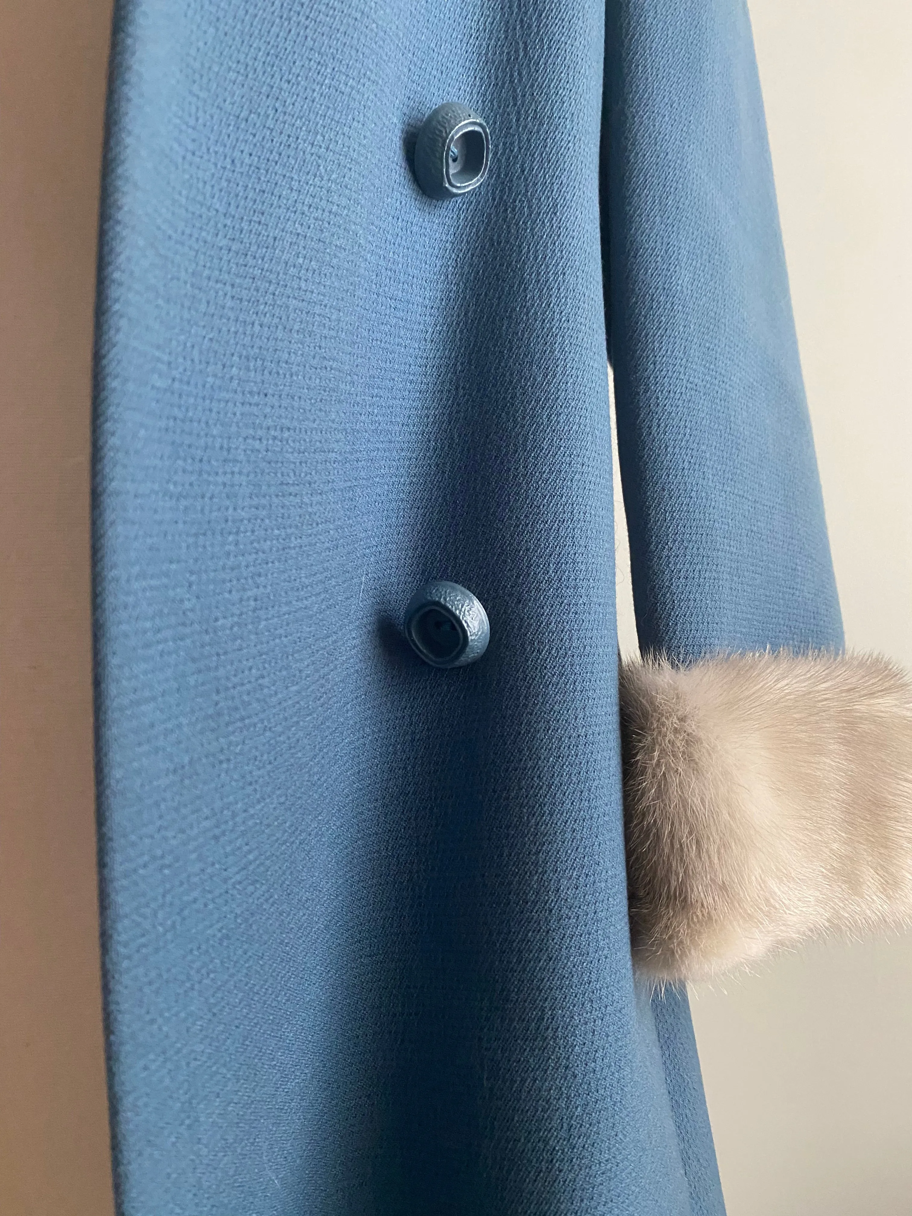 Gorgeous 1960's Wedgewood Blue Wool Coat With Mink Trim / Medium