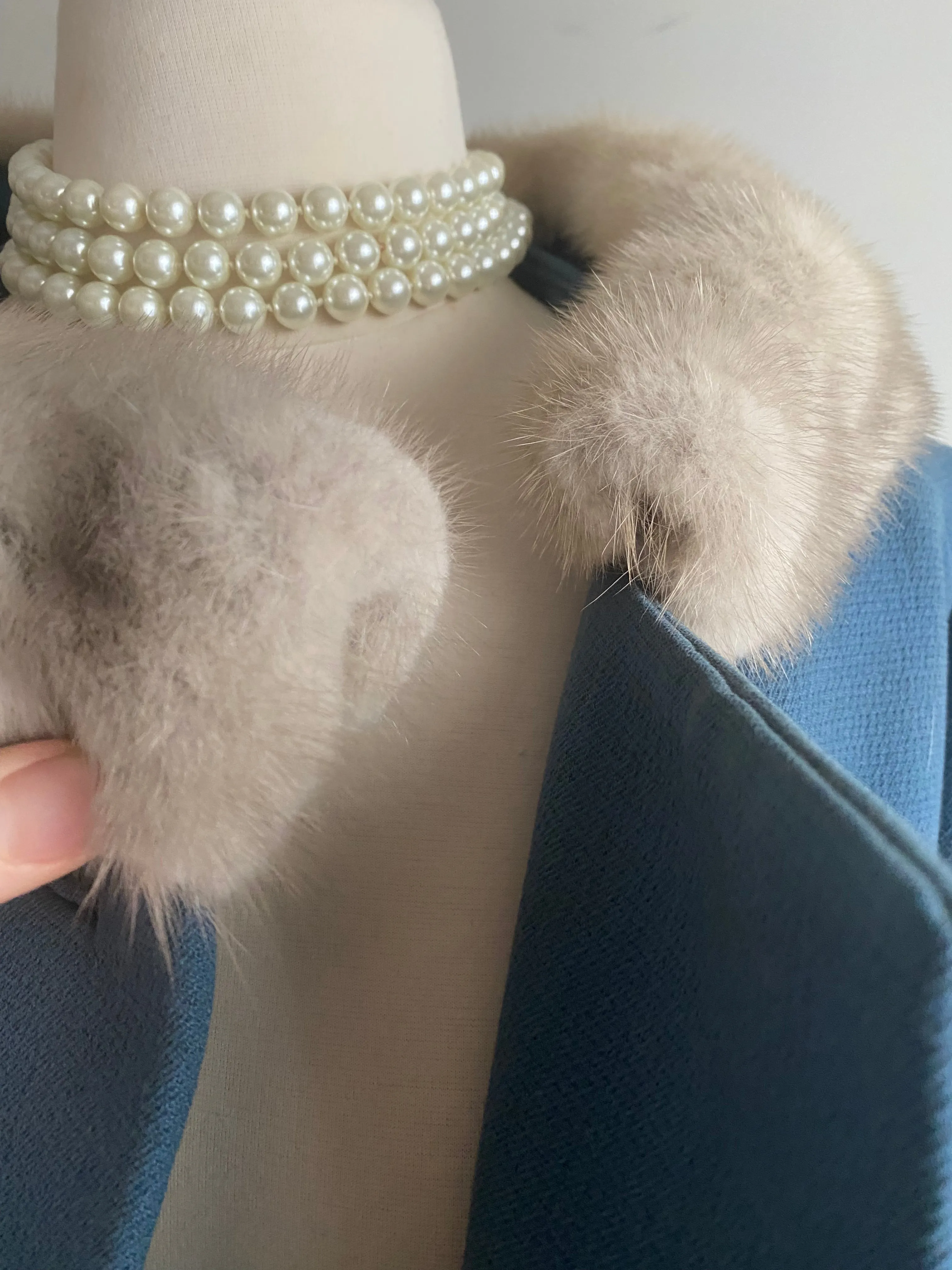 Gorgeous 1960's Wedgewood Blue Wool Coat With Mink Trim / Medium