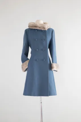 Gorgeous 1960's Wedgewood Blue Wool Coat With Mink Trim / Medium