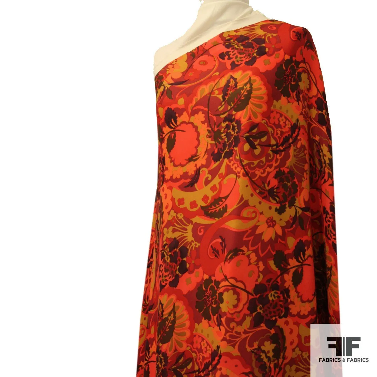 Graphic Floral Silk Printed Georgette  - Red/Orange/Brown