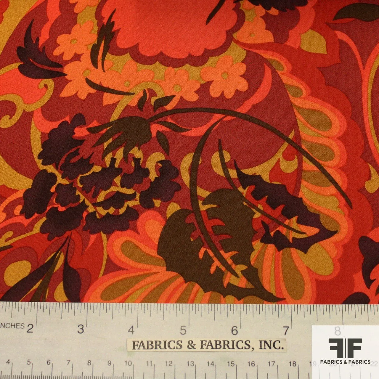 Graphic Floral Silk Printed Georgette  - Red/Orange/Brown