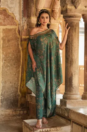 Green Satin Chintz One-Shoulder Poncho With Palazzo
