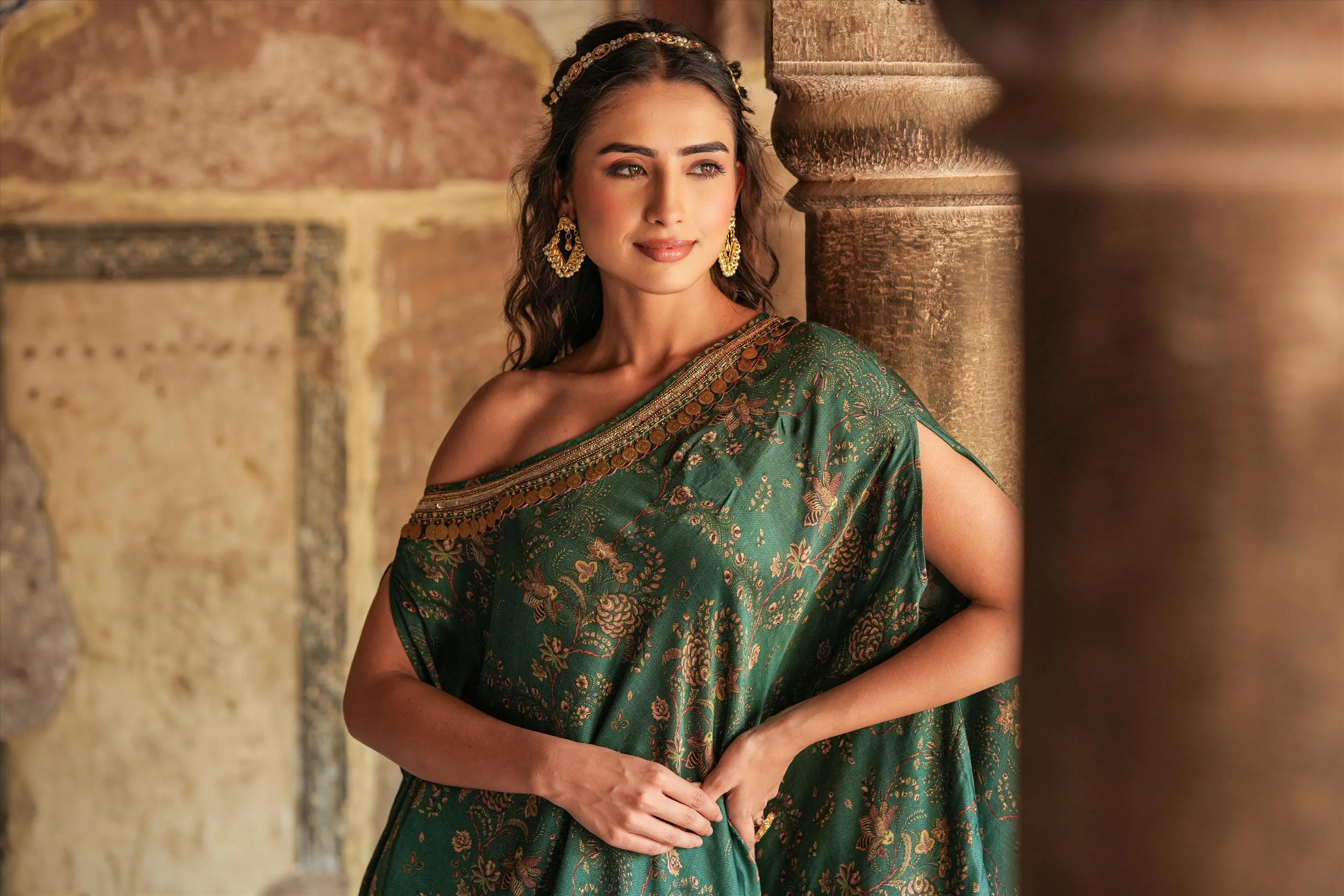 Green Satin Chintz One-Shoulder Poncho With Palazzo