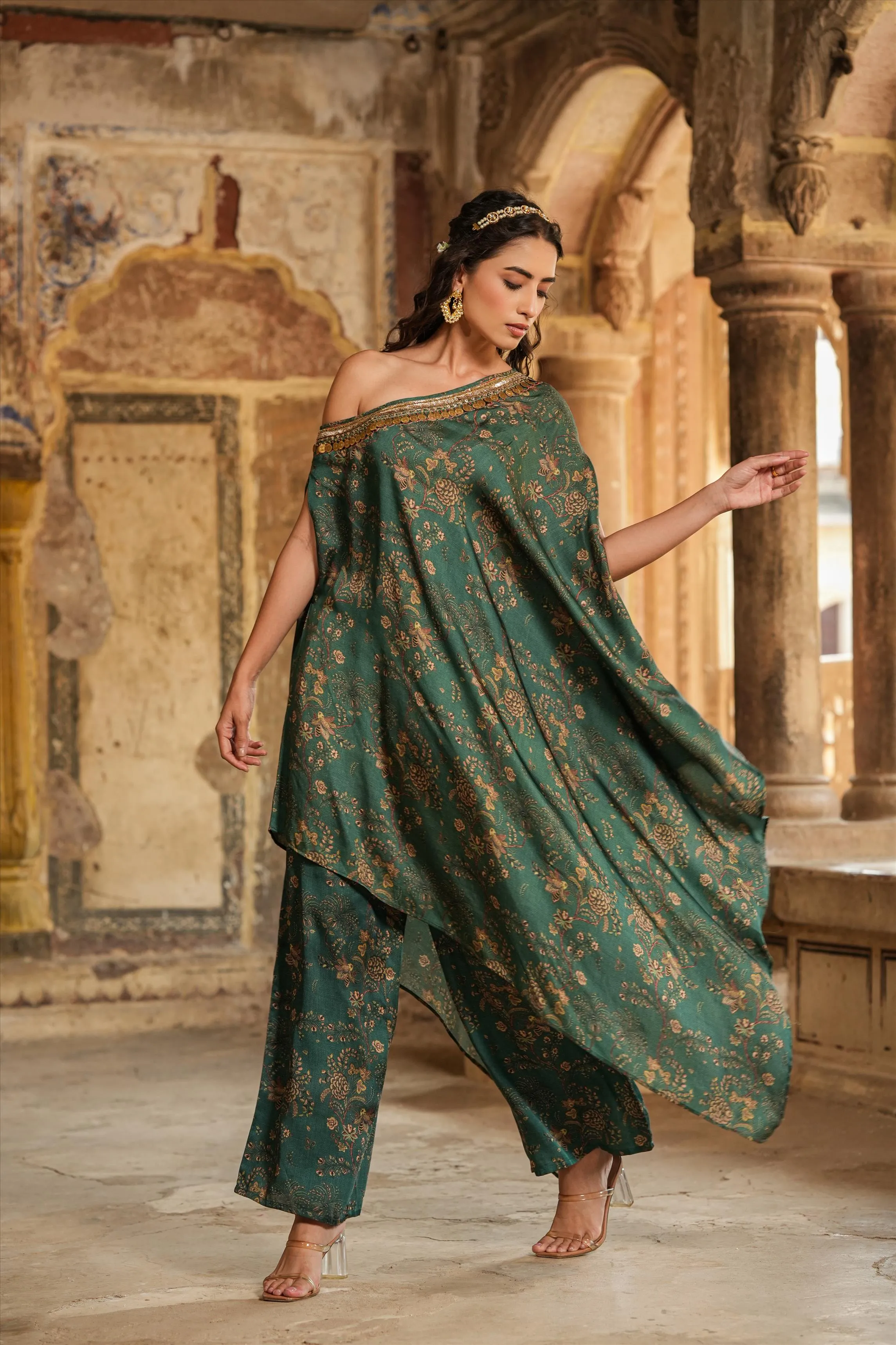 Green Satin Chintz One-Shoulder Poncho With Palazzo