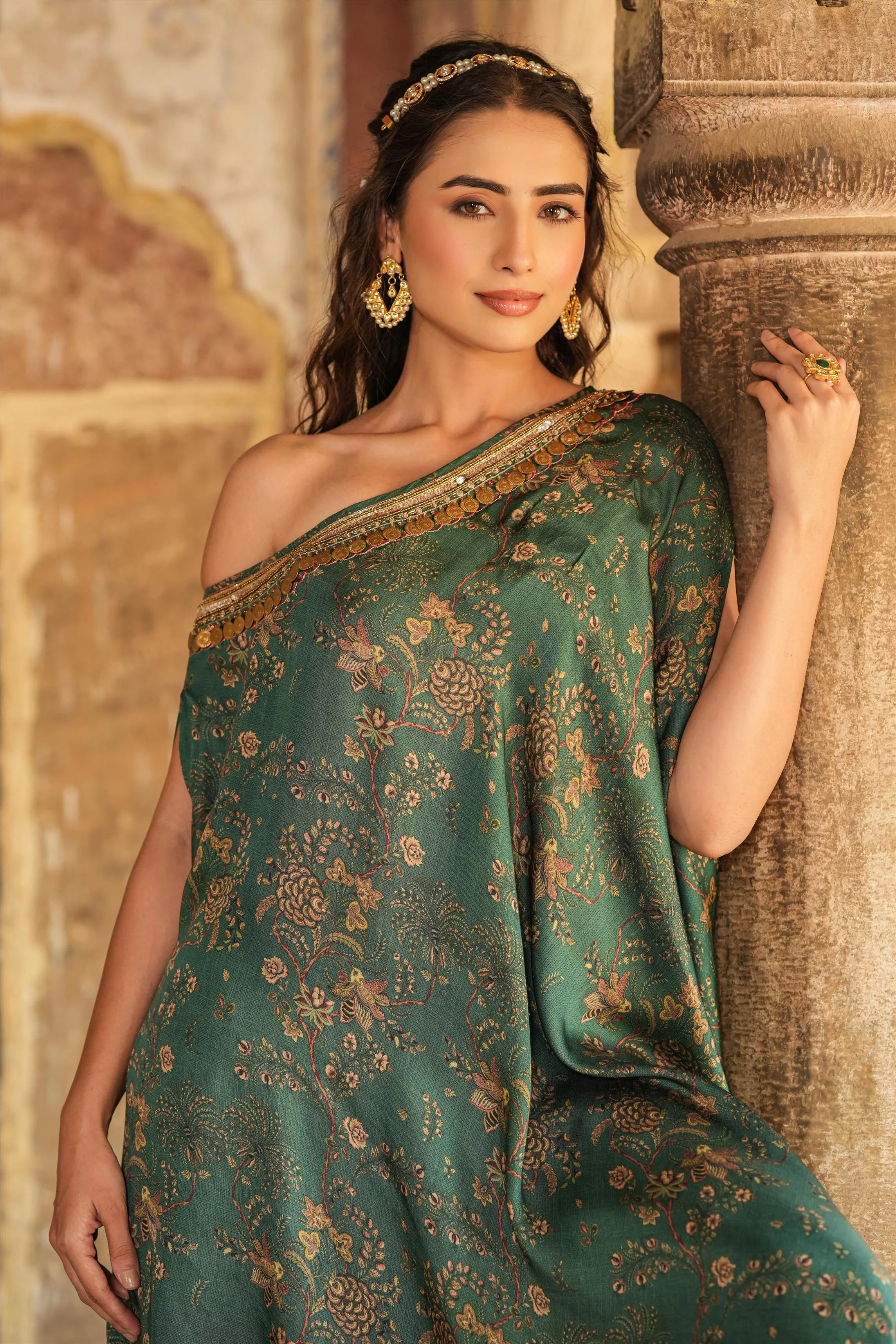 Green Satin Chintz One-Shoulder Poncho With Palazzo