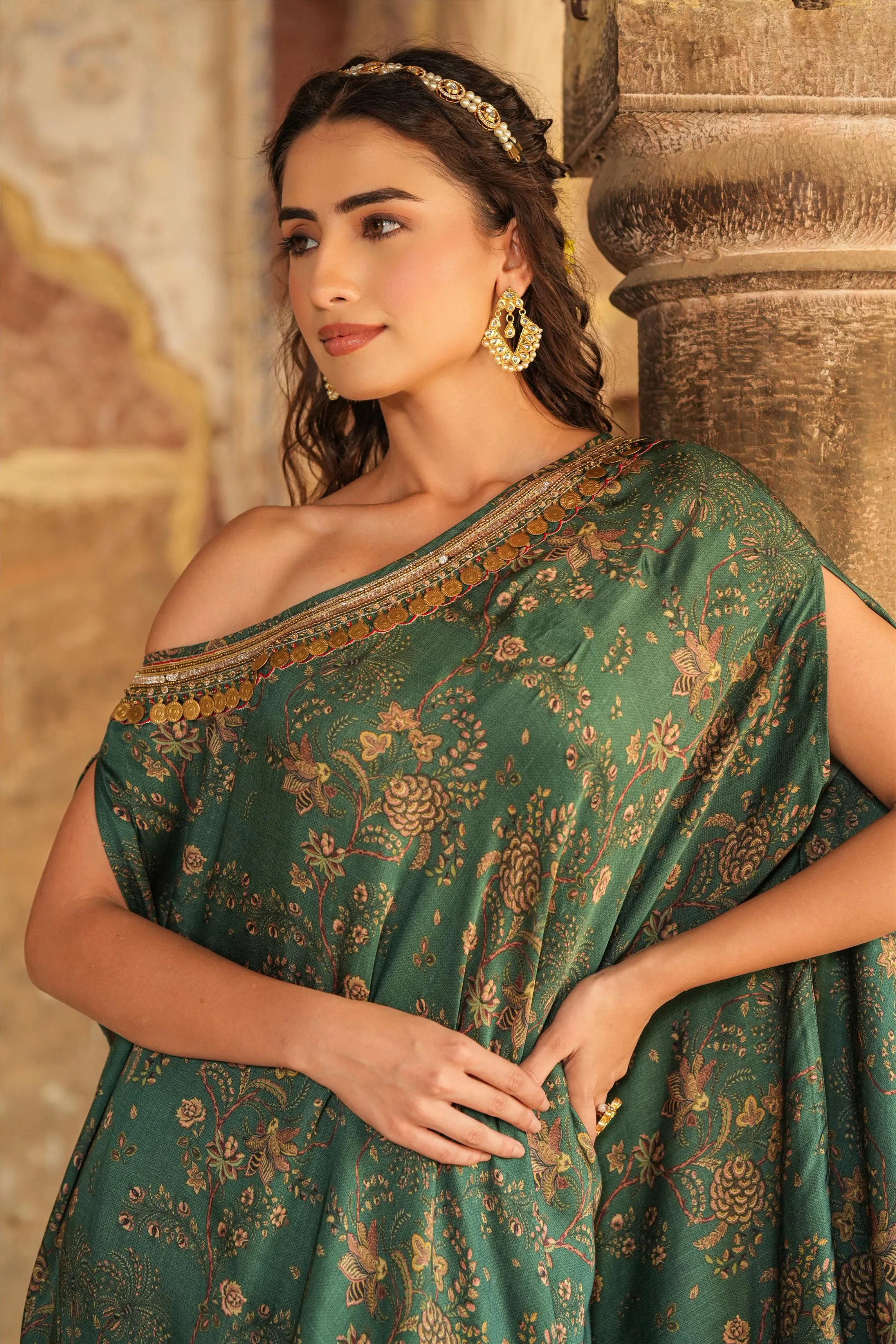 Green Satin Chintz One-Shoulder Poncho With Palazzo
