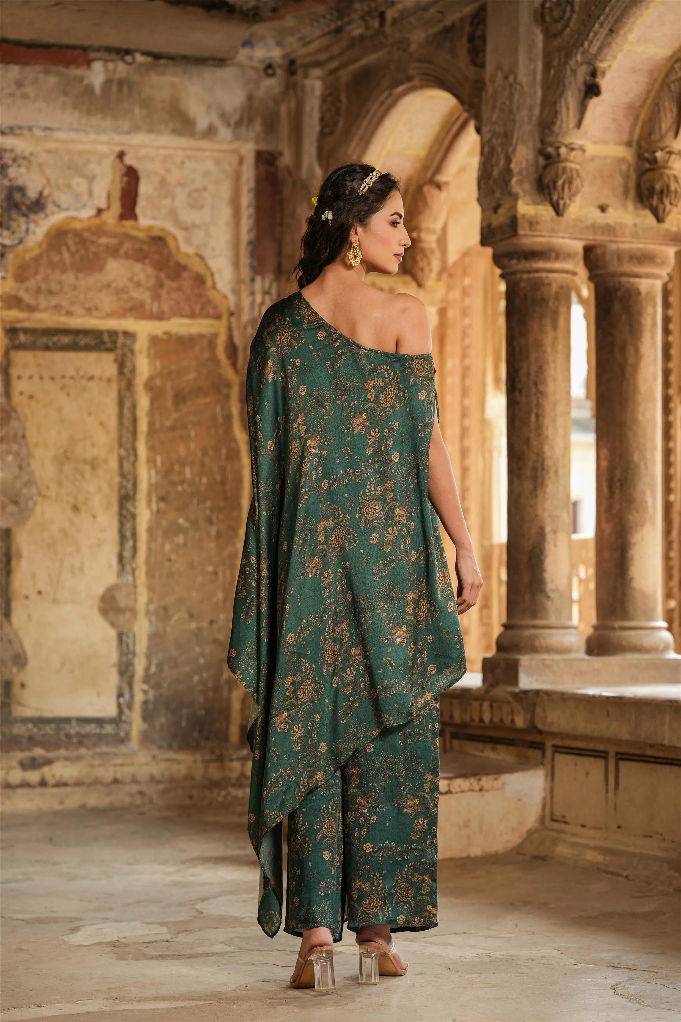 Green Satin Chintz One-Shoulder Poncho With Palazzo