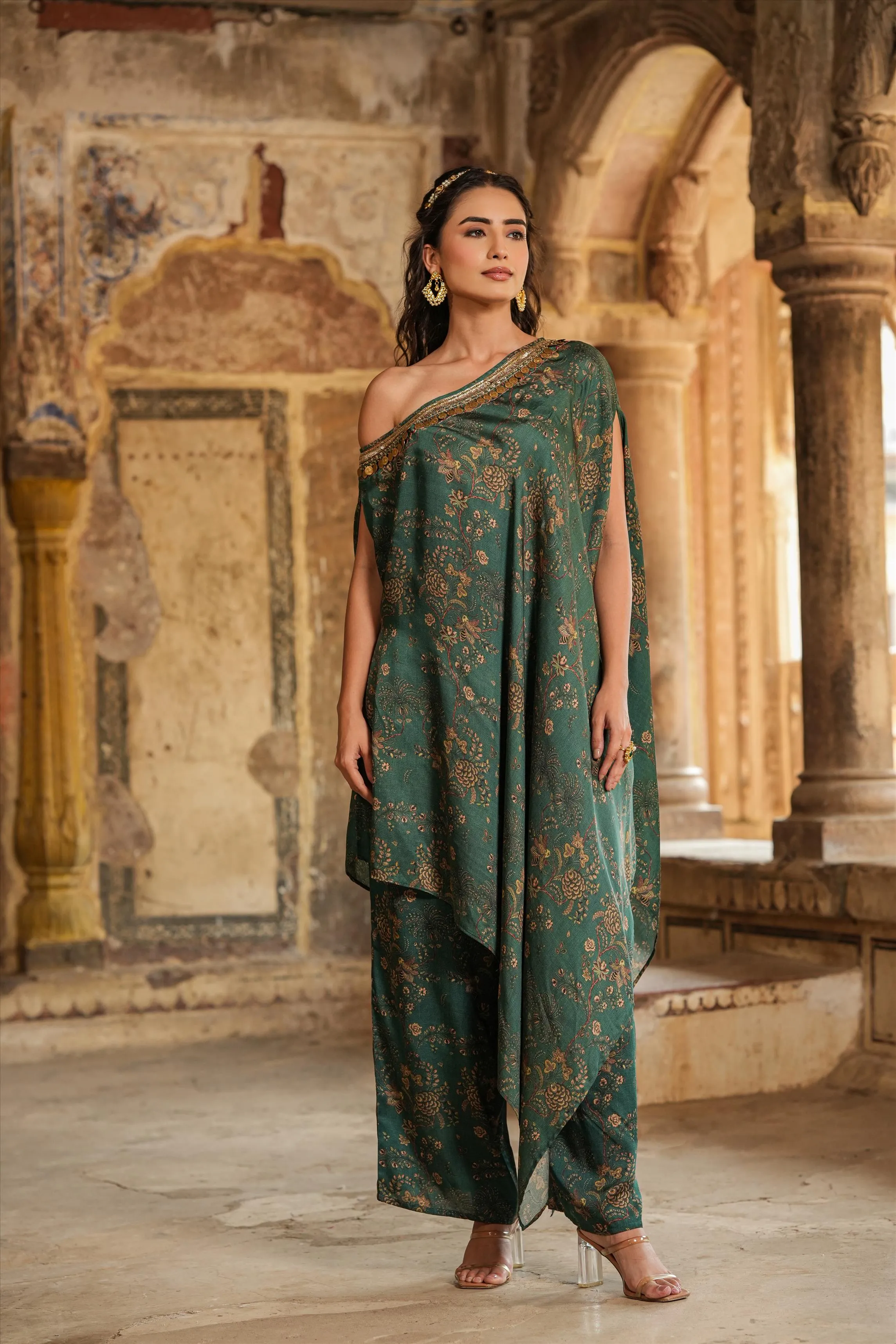 Green Satin Chintz One-Shoulder Poncho With Palazzo