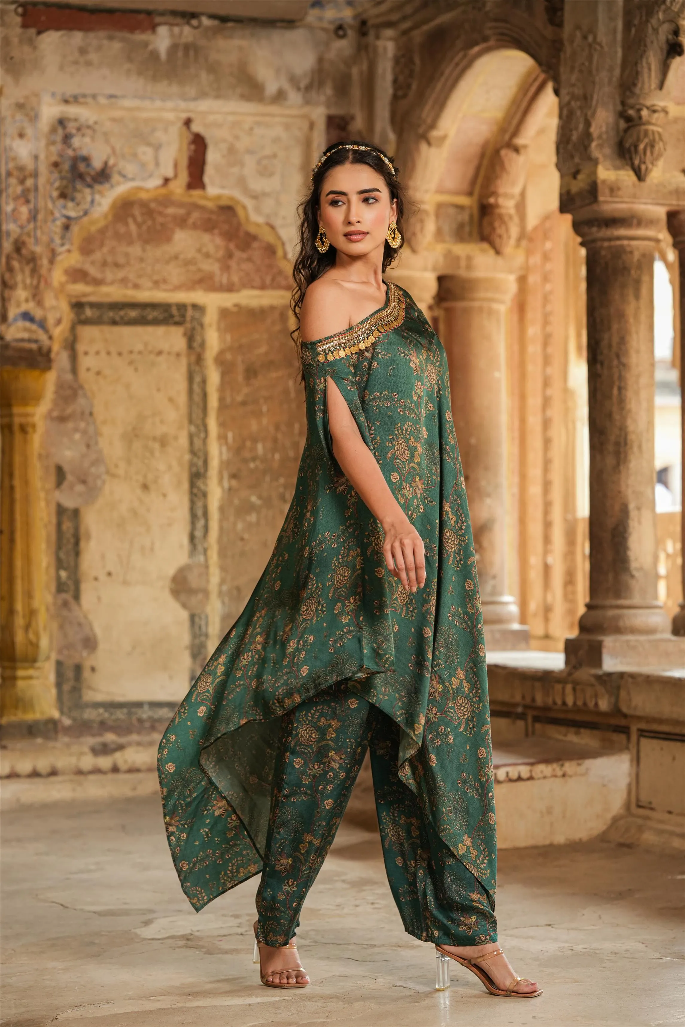 Green Satin Chintz One-Shoulder Poncho With Palazzo
