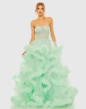 Green Strapless Corset Detail Tulle Layered Gown