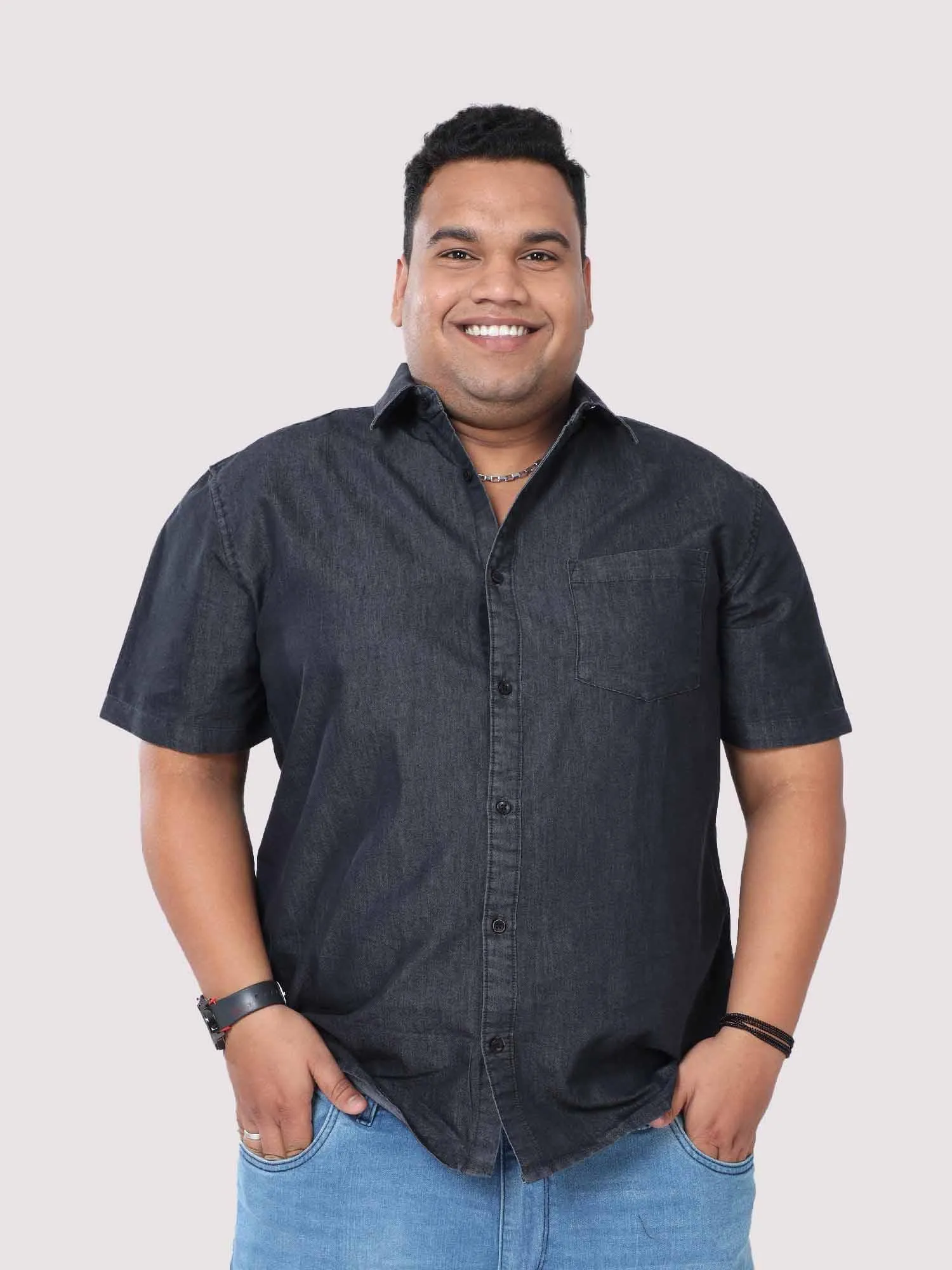 Grey Denim Single Pocket Half Sleeve Shirt Men's Plus Size