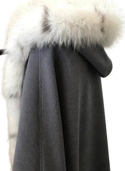 Grey Women Coat Cape Trim Fox Fur, Winter Women's Poncho Jacket, Warm Women's coat with a hood, Long Woolen Cloak