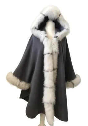 Grey Women Coat Cape Trim Fox Fur, Winter Women's Poncho Jacket, Warm Women's coat with a hood, Long Woolen Cloak