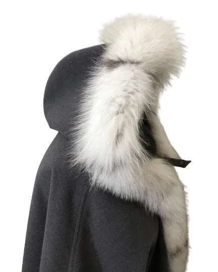 Grey Women Coat Cape Trim Fox Fur, Winter Women's Poncho Jacket, Warm Women's coat with a hood, Long Woolen Cloak