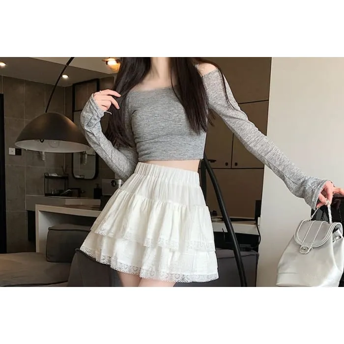 High Rise Plain Lace Trim Layered Mini A-Line Skirt