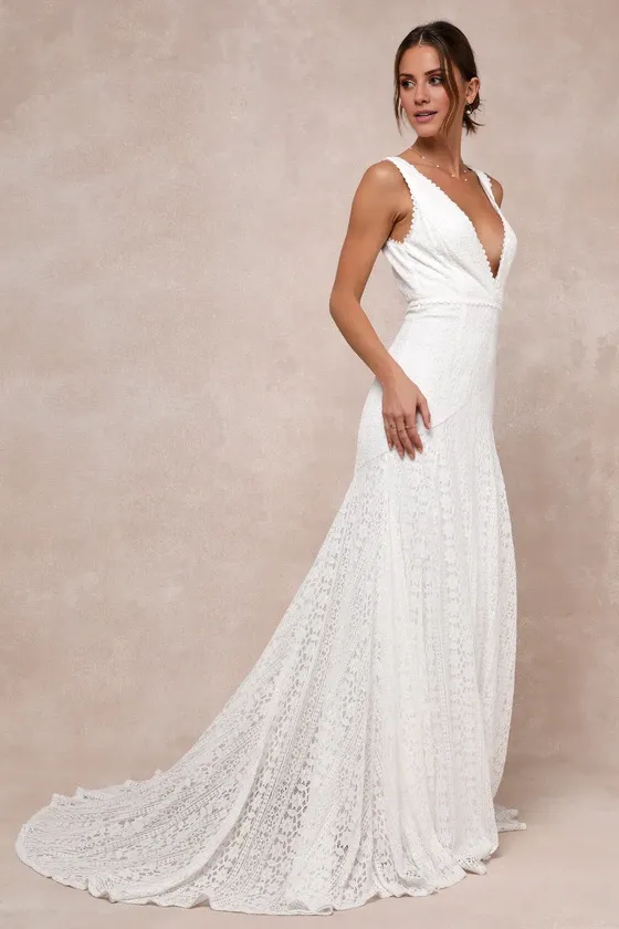 Ivory Lace Sleeveless Backless Trumpet Maxi Dress Deep V-Neck Chapel Train Wedding Dress