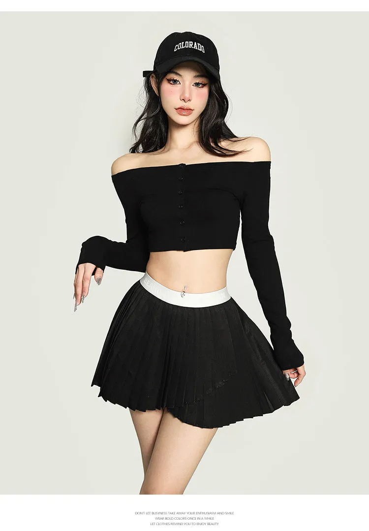 Kiara Solid Color One-shoulder Long-sleeved Off the Shoulder Slim Cropped Top