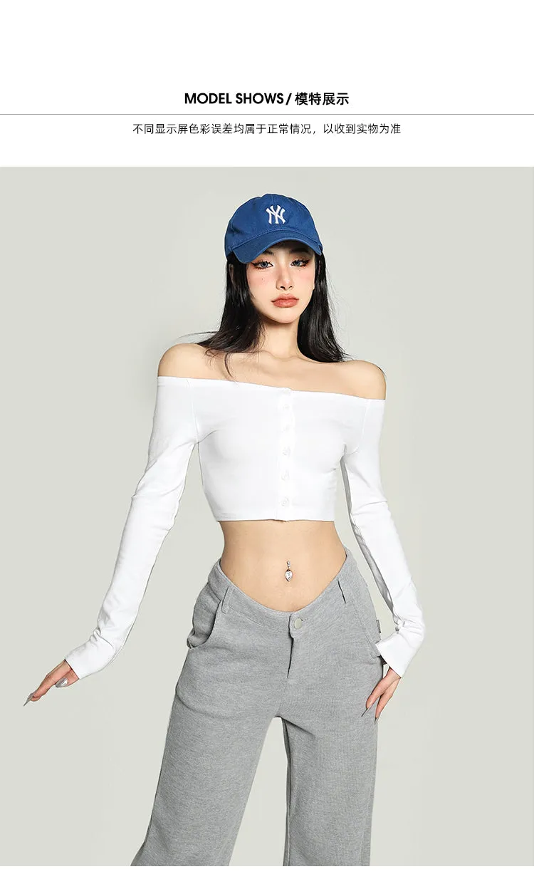 Kiara Solid Color One-shoulder Long-sleeved Off the Shoulder Slim Cropped Top