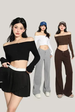 Kiara Solid Color One-shoulder Long-sleeved Off the Shoulder Slim Cropped Top