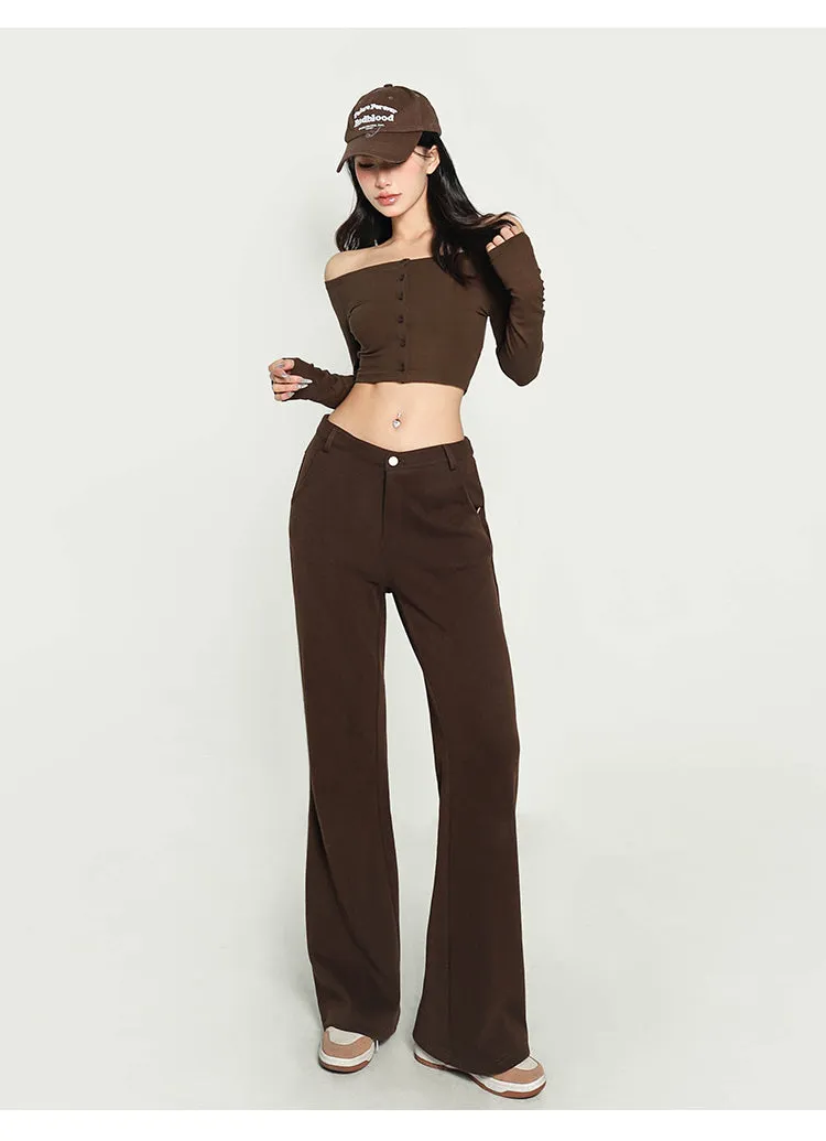 Kiara Solid Color One-shoulder Long-sleeved Off the Shoulder Slim Cropped Top