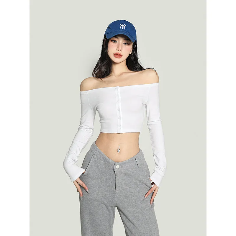 Kiara Solid Color One-shoulder Long-sleeved Off the Shoulder Slim Cropped Top