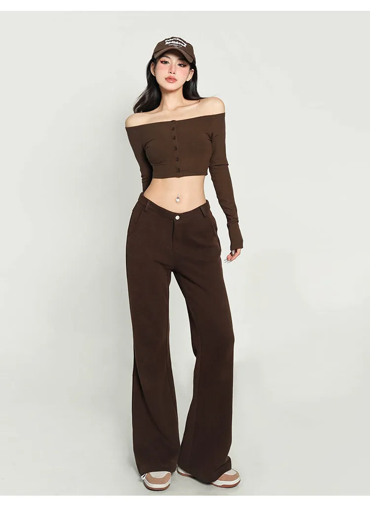 Kiara Solid Color One-shoulder Long-sleeved Off the Shoulder Slim Cropped Top