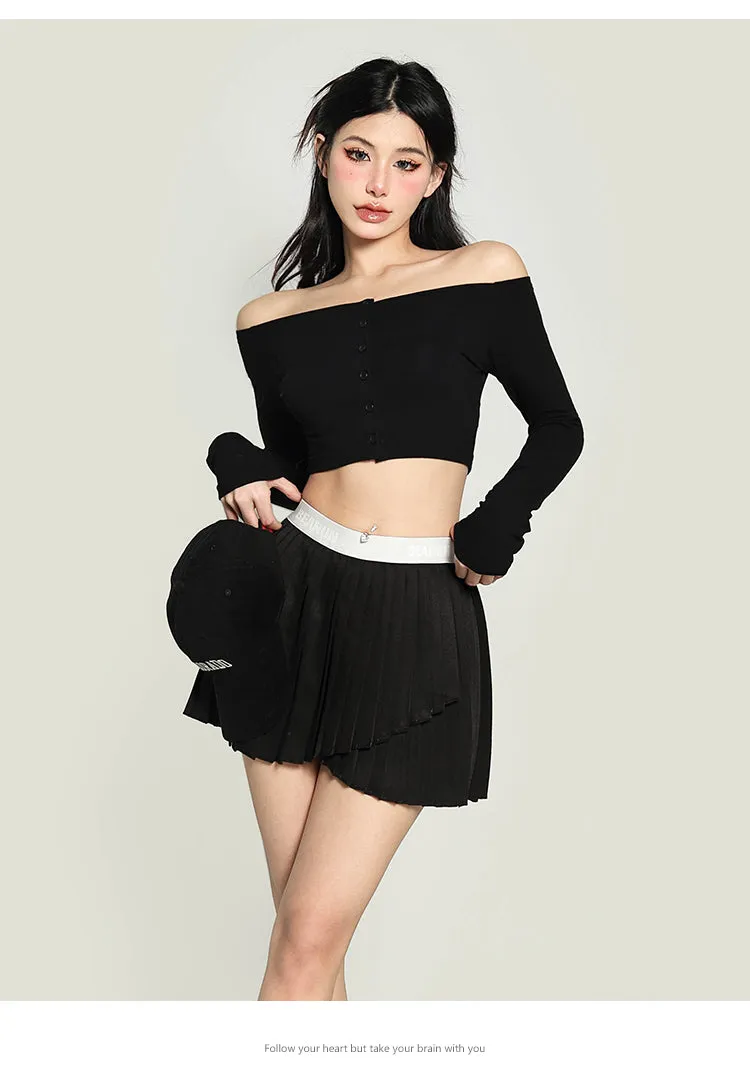Kiara Solid Color One-shoulder Long-sleeved Off the Shoulder Slim Cropped Top