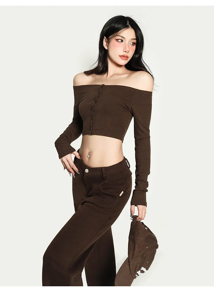 Kiara Solid Color One-shoulder Long-sleeved Off the Shoulder Slim Cropped Top