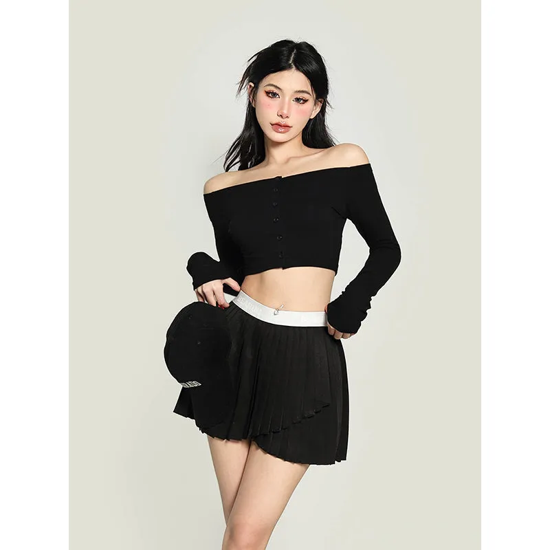 Kiara Solid Color One-shoulder Long-sleeved Off the Shoulder Slim Cropped Top