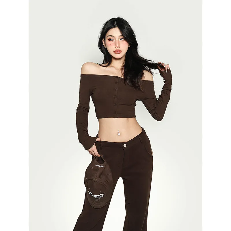 Kiara Solid Color One-shoulder Long-sleeved Off the Shoulder Slim Cropped Top