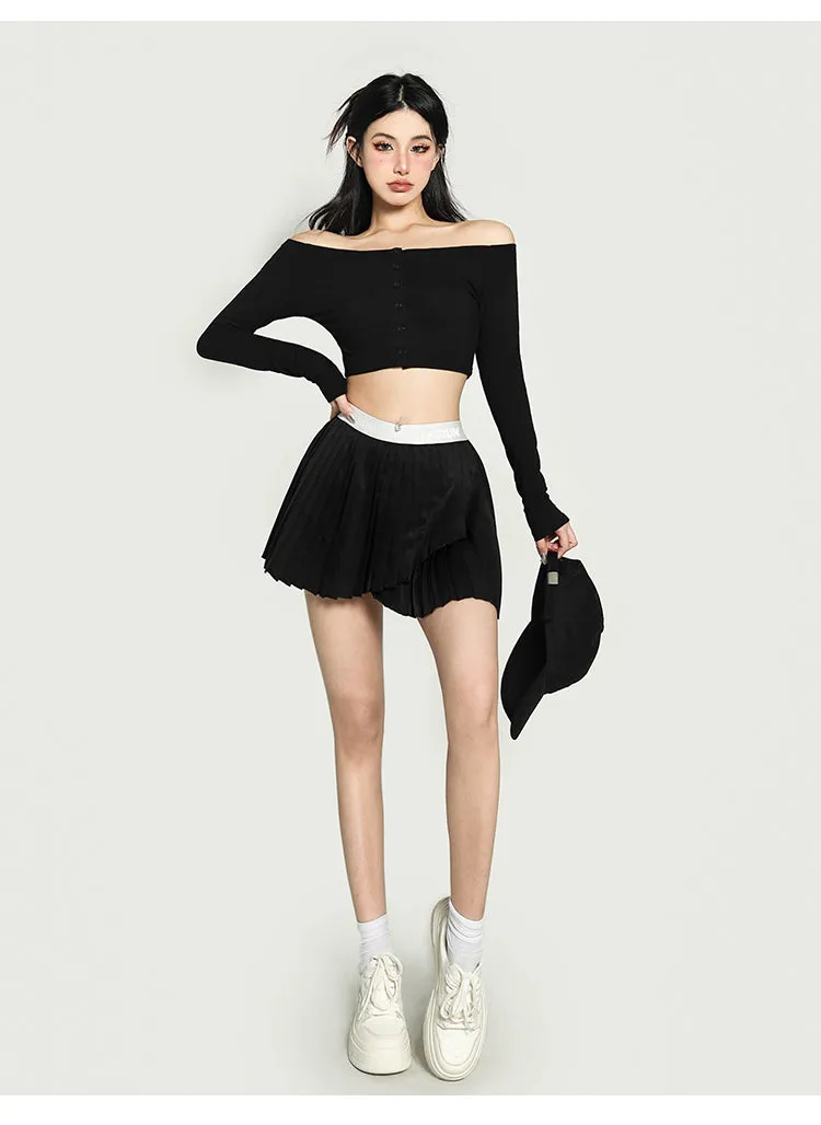 Kiara Solid Color One-shoulder Long-sleeved Off the Shoulder Slim Cropped Top