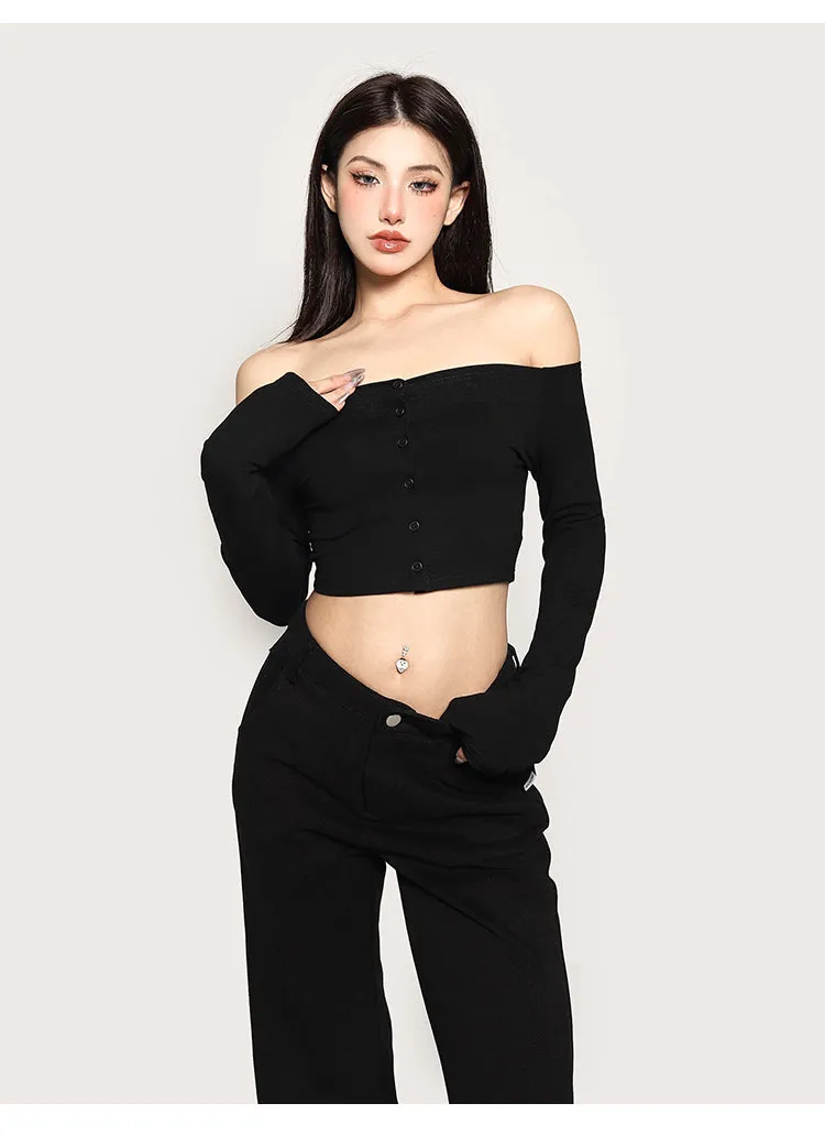 Kiara Solid Color One-shoulder Long-sleeved Off the Shoulder Slim Cropped Top